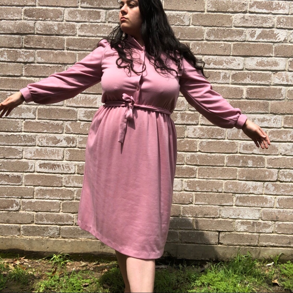 VINTAGE 70’s PLUS SIZED DUSTY ROSE KNIT MIDI DRESS
